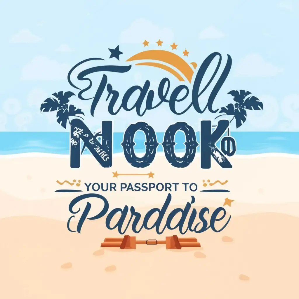 logo, beach,island,music,blue,cold,sand,
beautiful
, with the text "Travel nook

your passport to paradise", typography, be used in Travel industry