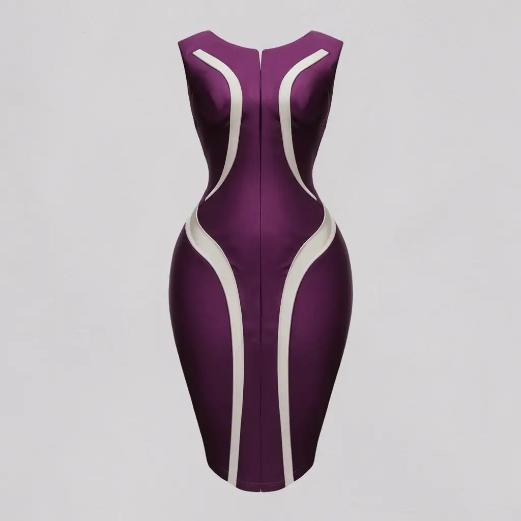Create me a pattern design Imagine a stunning bodycon dress where the colors purple and white take center stage. This design is all about simplicity with a touch of elegance. Picture the dress primarily in a rich shade of purple, with two sleek streaks of white running down the front and back. These streaks could start from the shoulder and taper down to the hem, adding a dynamic element to the design. The clean lines and bold contrast between the two colors create a striking visual impact, making this dress a statement piece for any occasion.