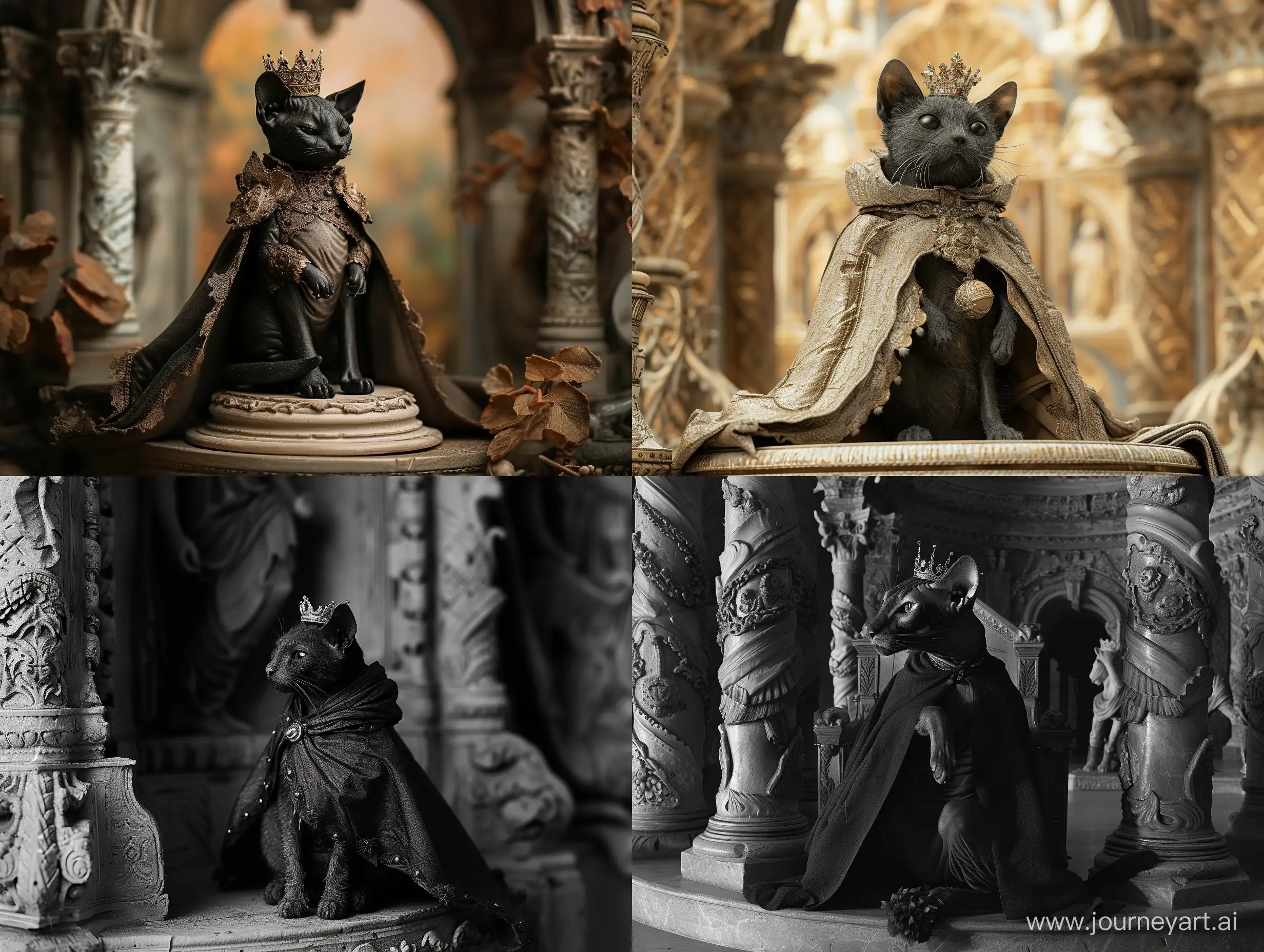 Photo of small, thin, older female cat that is solid black, is elegantly dressed, wearing a cape and crown, seated upon a throne in a palace of surreal beauty.