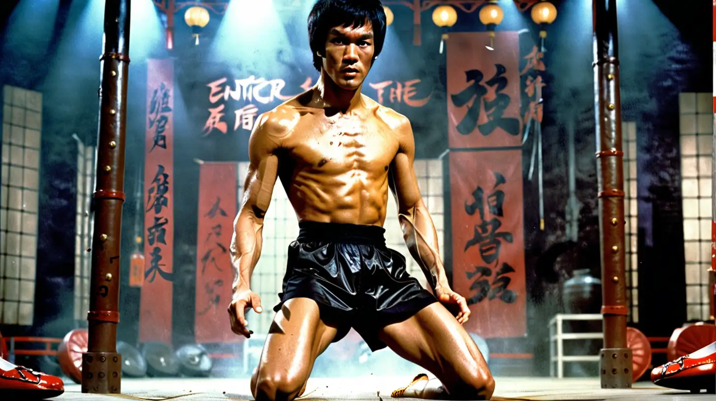 a full body shot, bruce lee from enter the dragon, wearing only black shorts and kung-fu slippers, glistening sweat, rippling abs, sexy, strong, fierce