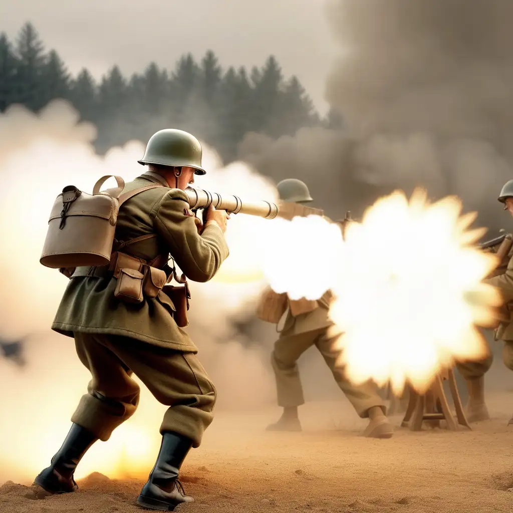 World War 2 Soldier Firing Bazooka with Detailed German Background