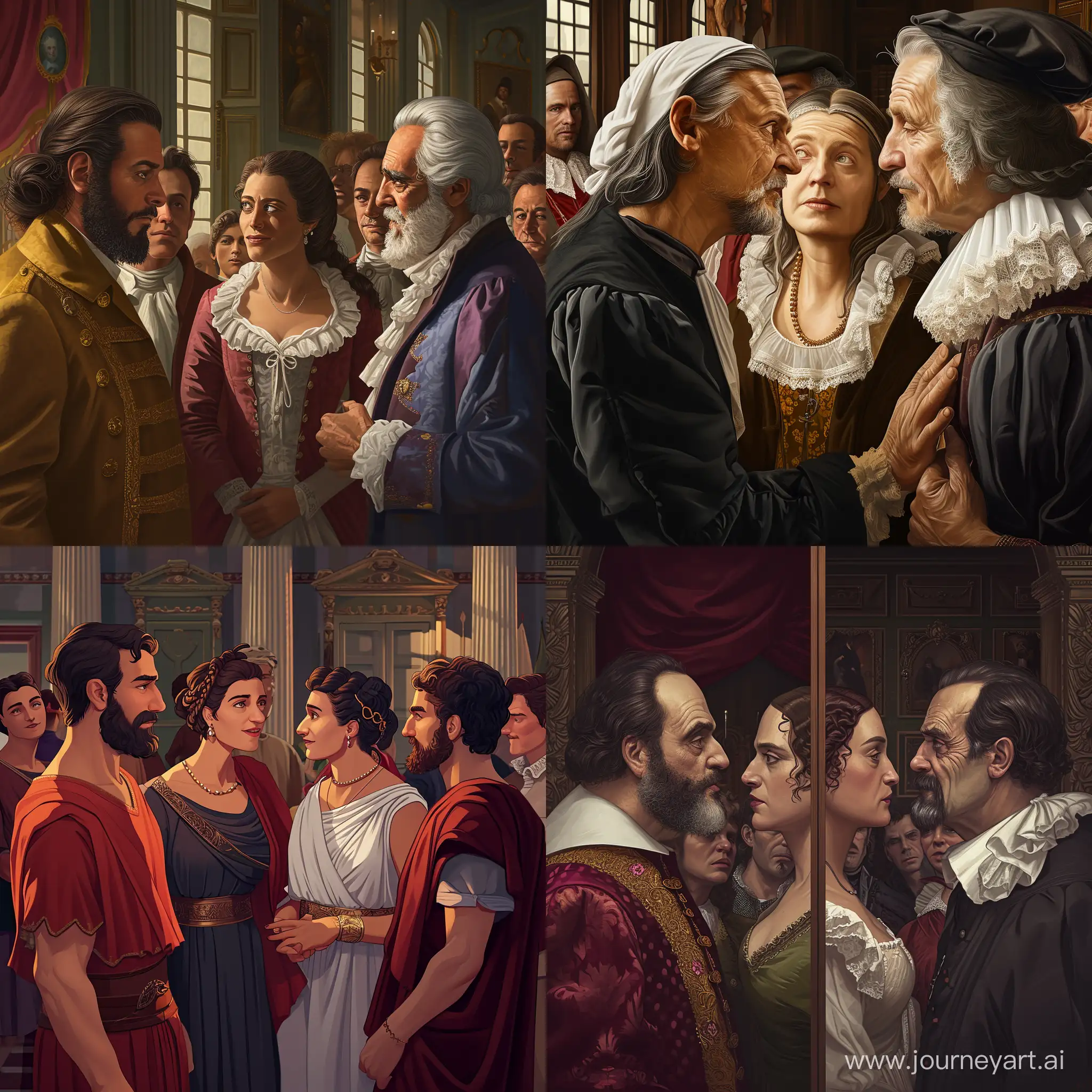 Illustrate a scene reflecting the dating dilemma, with the choice between these historical figures, each with their unique quirks and challenges ultradetailed. Photorealistic .--ar 9:16 --v 6