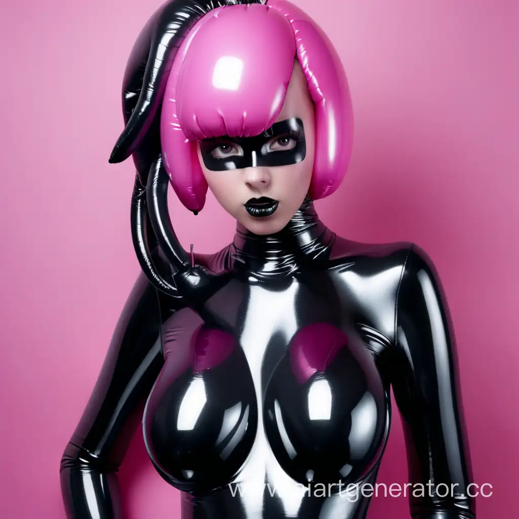 Латексная девушка с надувной черной латексной кожей. с черным латексным лицом. с розовыми надувными резиновыми волосами 