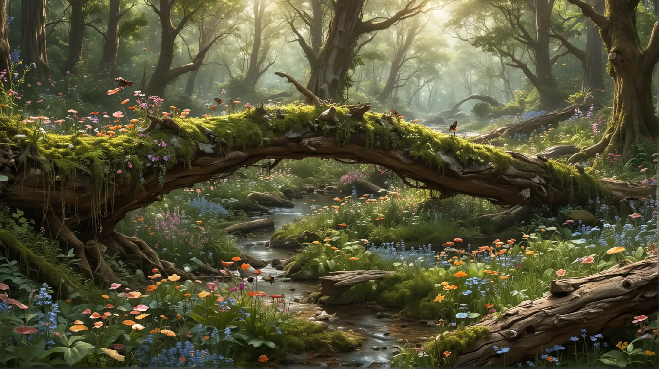 A panoramic view of a magical fantasy forest. The dense underbrush mimics the impenetrable canopy created by huge, ancient, bent trees, and occasionally allows a glimpse of some wondrous, fairy creature.

In the distance is a fallen tree. A rotting log near a stump. A quaint brook. Huge, brightly colored fungi and tiny pastel flowers are scattered about.

Bees and humming birds pollinate blossoms while  in the upper branches can be seen birds and small animals, and the occasional fairy creature. Tiny abodes are camouflaged throughout the scene.