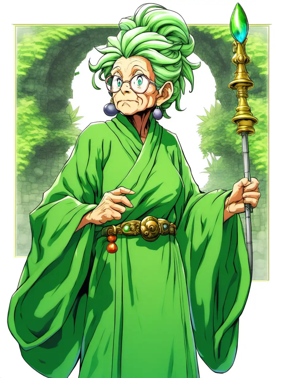 secret of mana style, elderly woman in green robes, speaking, hair in updo, no background