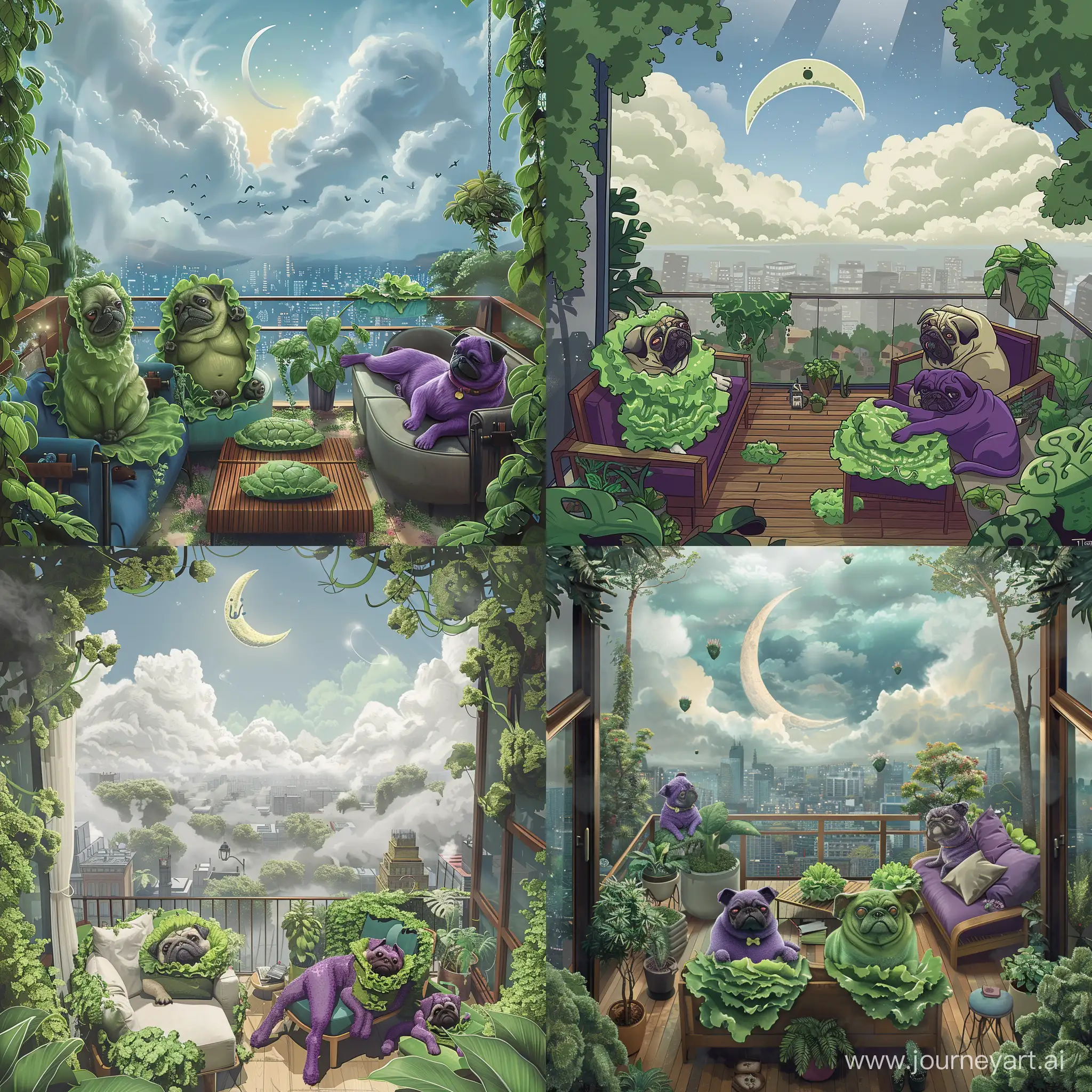 grumpy green lettuce pug dogs with purple brussels griffon dogs on a large balcony viewed from above, misty city with fluffy clouds and trees in the background frame a crescent moon with a face, illustration, plants  cover the modern patio furniture, dogs sit on the furniture, one dog reclining on a couch