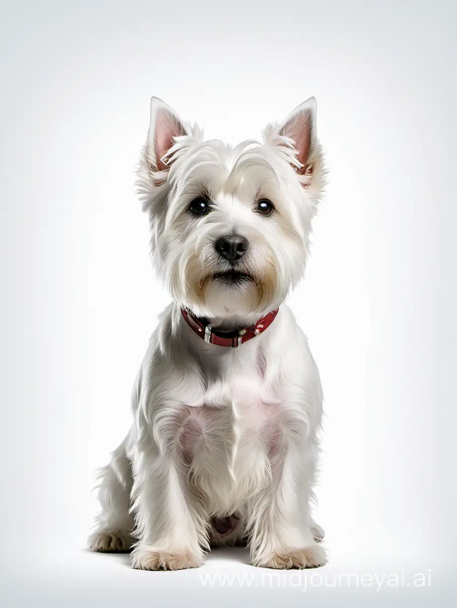 a west highland white terrier sitting, facing forward, isolated in a white background, in the style of a disney animated character