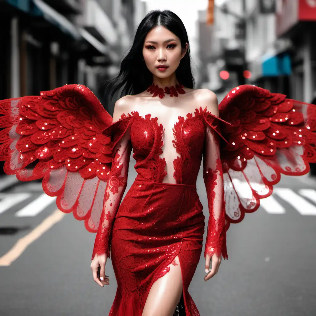 Asian model with black hair and brown eyes walking on the street wearing red haute couture lace and sequins dress with red sequins angel wings.
