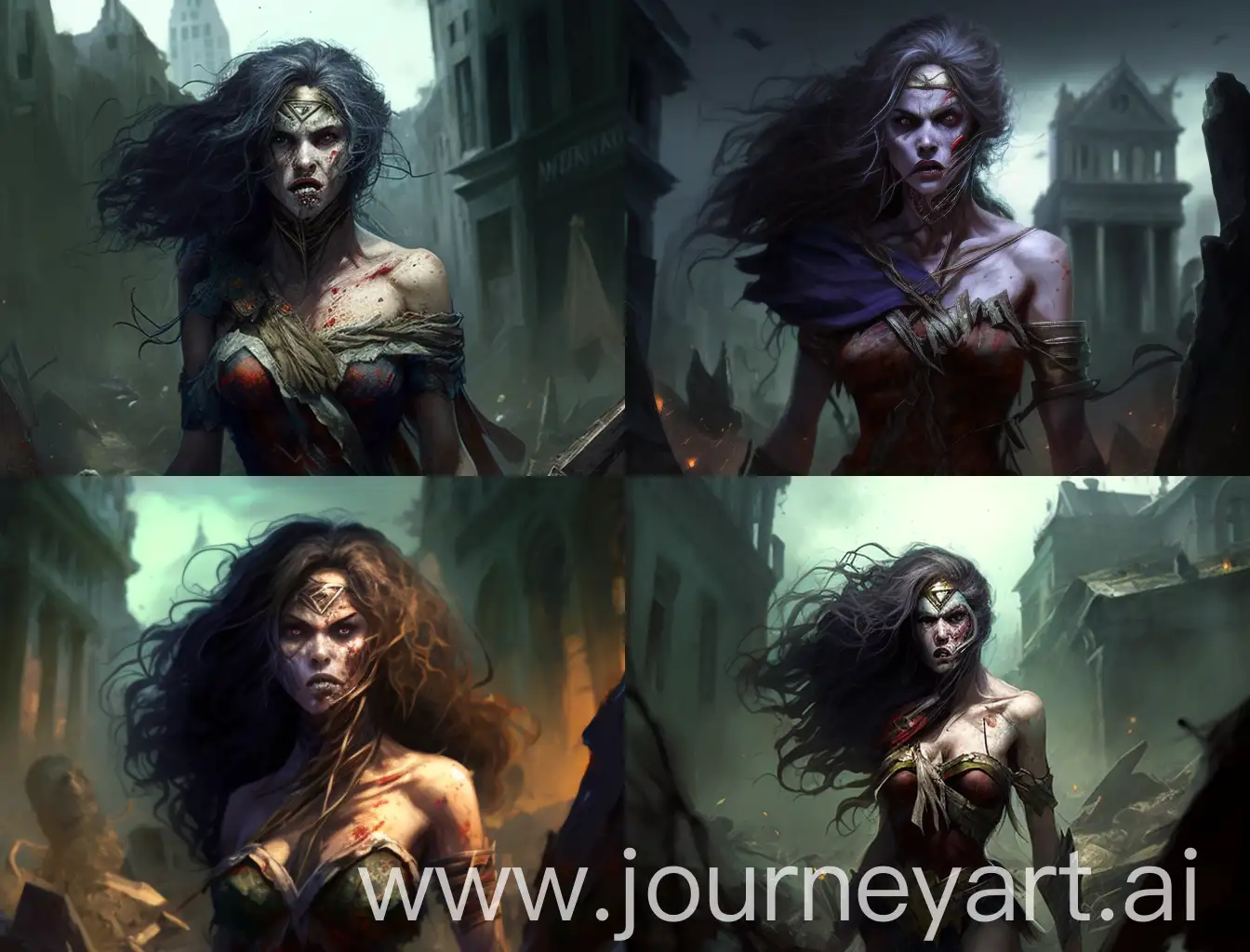 Wonder Woman has turned into a zombie and her hair is hanging forward and she's disheveled and waving in the wind, and her clothes are dirty and torn and she's half-witted and weak trying to walk around the ruined city. There are some zombies around them,real,8k