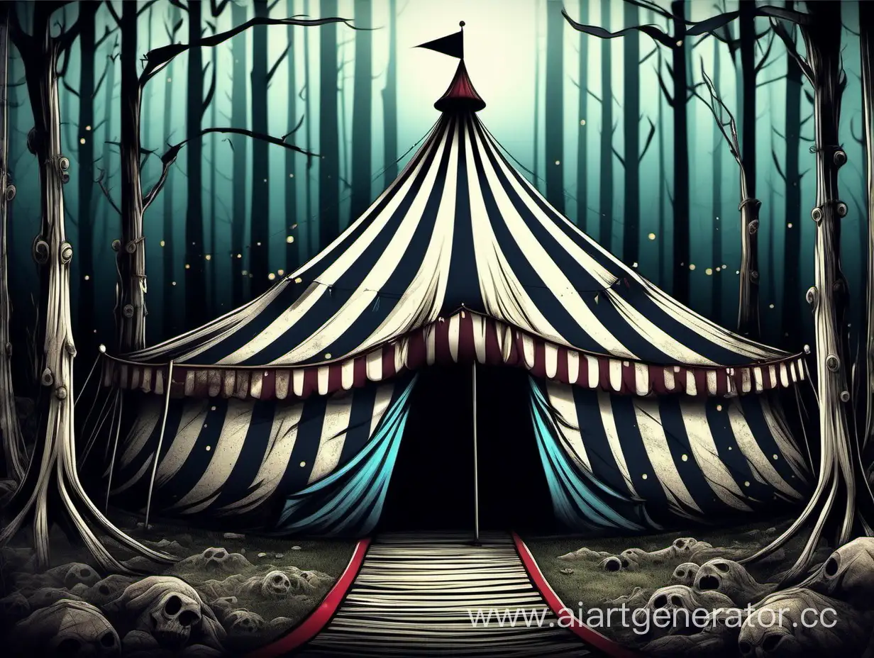 Creepy circus tent in the forest, Tim Burton style, cartoon style, horror
