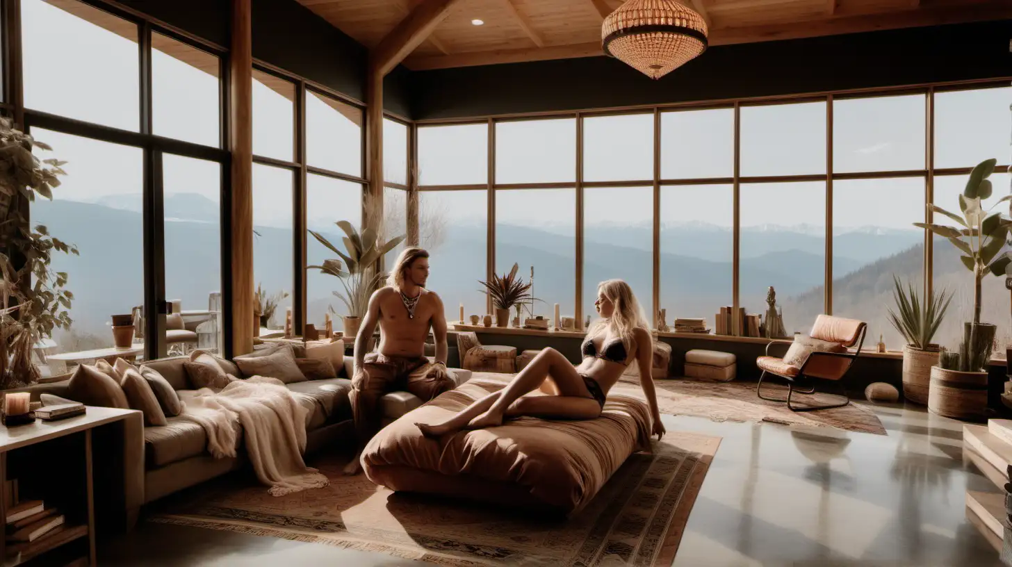 2 people lounging in a large room
sexy man
beautiful blonde woman boho jewelry designer, fit, wearing partial lingerie, boho jewelry 
massage 
mountain home with floor-to-ceiling windows, a fireplace, books, overstuffed furniture, and plants hanging and scattered throughout the room