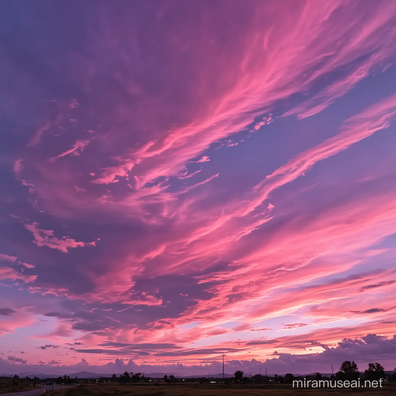 Pink and purple clouds covering the sky from afar