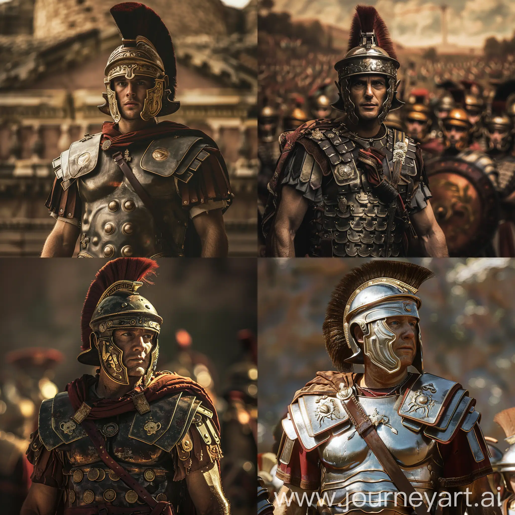 a Roman soldier in full armor, standing tall with a serious expression on his face. on the background  military , ((masterpiece)) , ((detailed))--stylize 750 