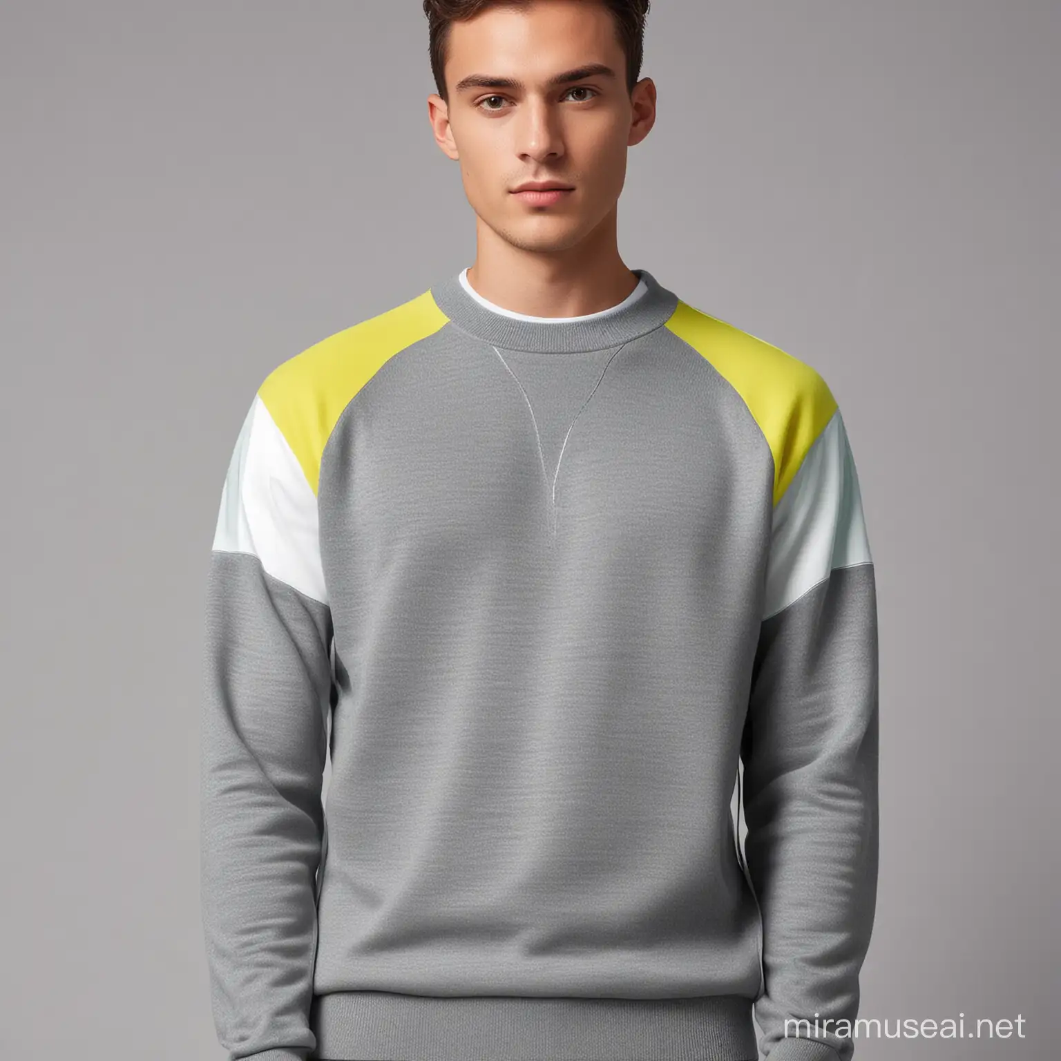 Design as a product designer a modern trendy sweater, with color blocks and reflective elements (grey)
