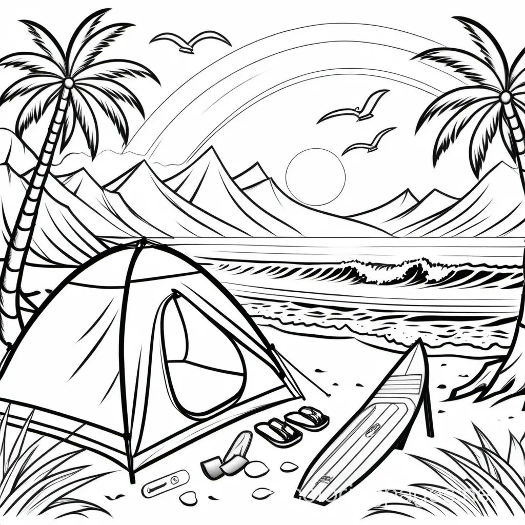 camping by a tropical beach, sunset and surfing,  (the-great-outdoors theme), Coloring Page, black and white, line art, white background, Simplicity, Ample White Space. The background of the coloring page is plain white to make it easy for young children to color within the lines. The outlines of all the subjects are easy to distinguish, making it simple for kids to color without too much difficulty