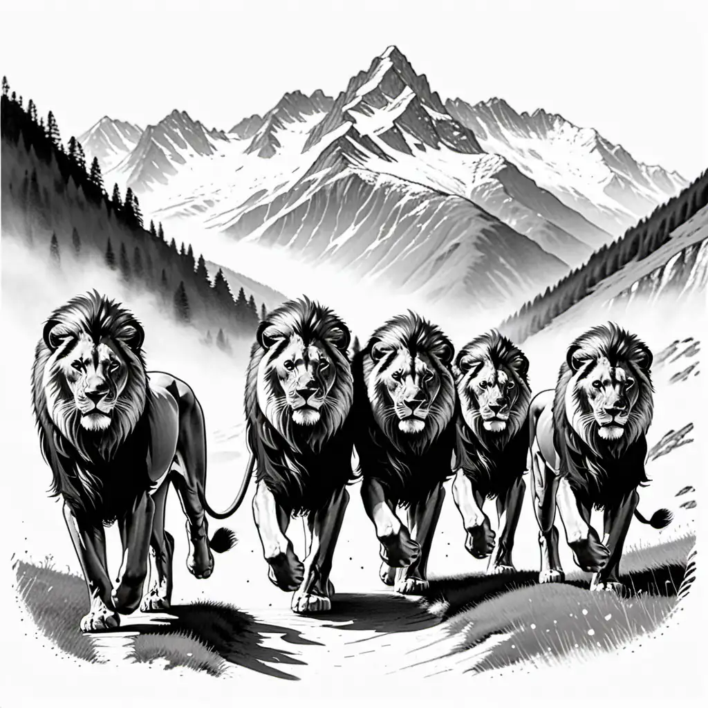 Majestic Line Art of Ten Lions Roaming the Alpine Mountains