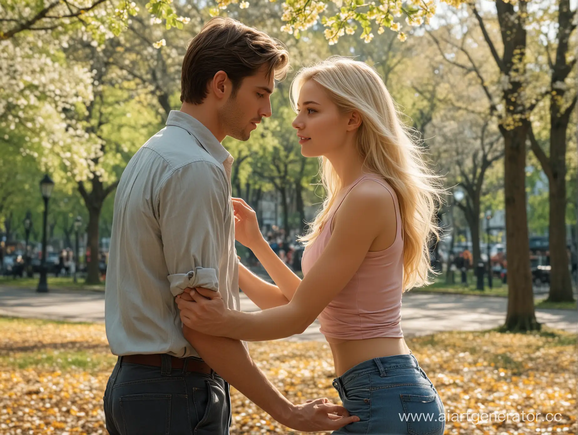 Dynamic-Interaction-Captivating-Blonde-Girl-Enthralled-by-Assertive-Gentleman-in-Lush-Spring-Park-Setting