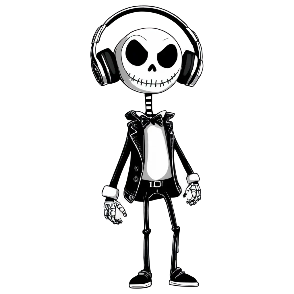 kawaii chibi skellington wearing headphones