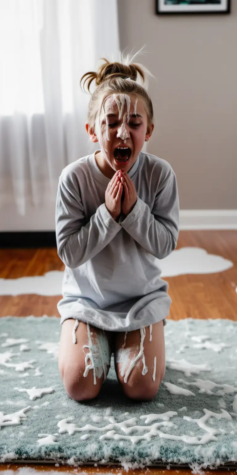 12yo girl, kneeling on rug with mouth open and eyes closed, messy bun, covered in royal icing