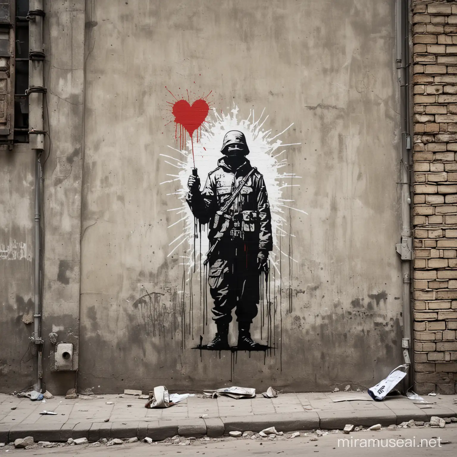 Make me Banksy grafiti. 3 colors. Make the art about the Ukrainan-Russian war. The grafiti is in an alleyway
