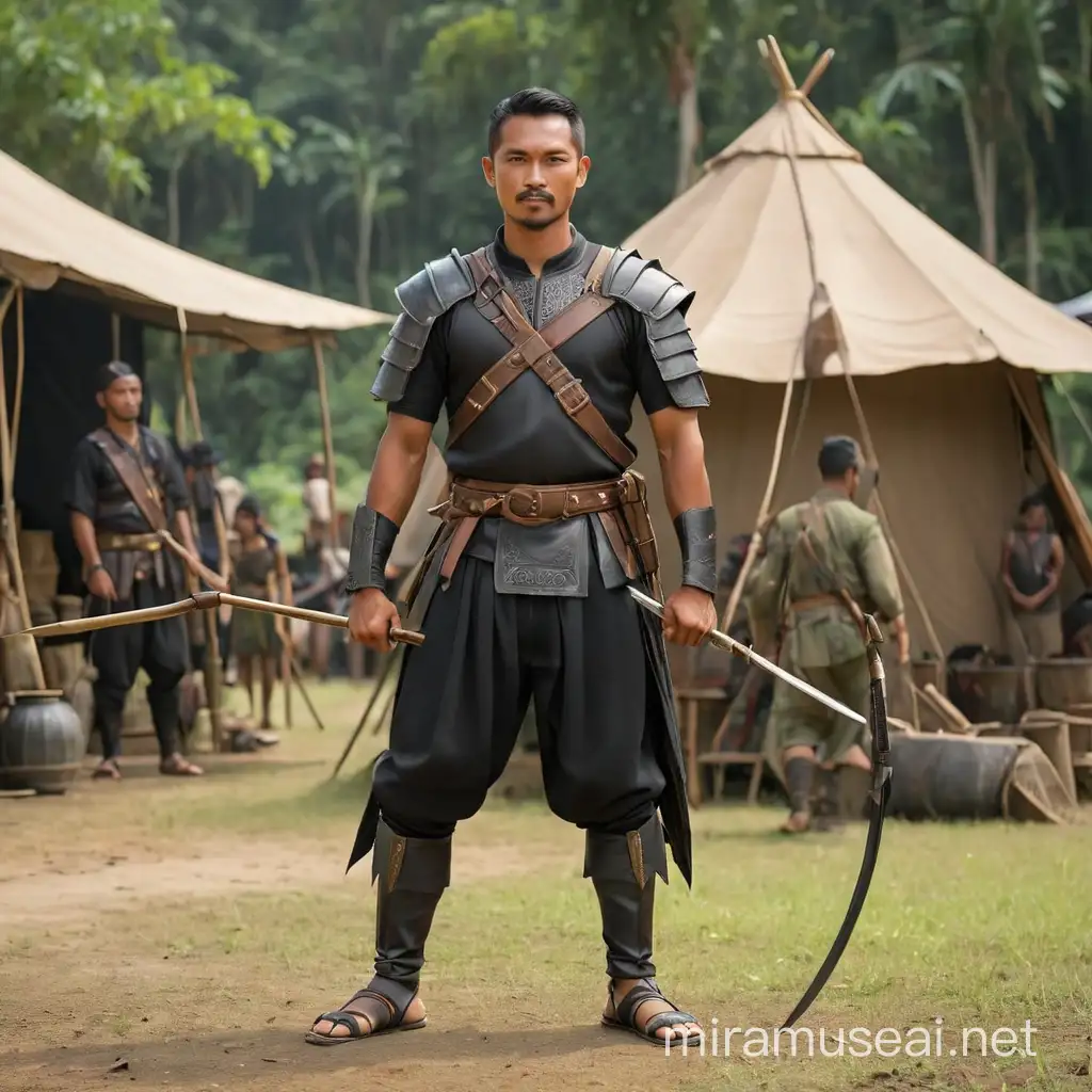 With Malay face warrior, standing with traditional Malay dress, wearing a black tanjak, samping, leather shoes beautiful armour, preparing the arrow for battle, hot day, around the tent camp, another day in Malay life
