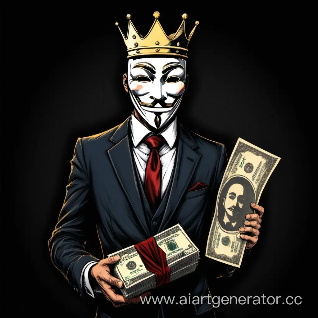 Elegant-Person-in-Anonymous-Mask-Holding-Money-Bundle-with-Ostin-Inscription-and-Golden-Crown-in-Dark-Background