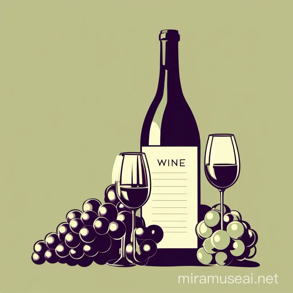 Vibrant Grape Harvest and Wine Bottles with Poetic Touch in Minimal Vector Style