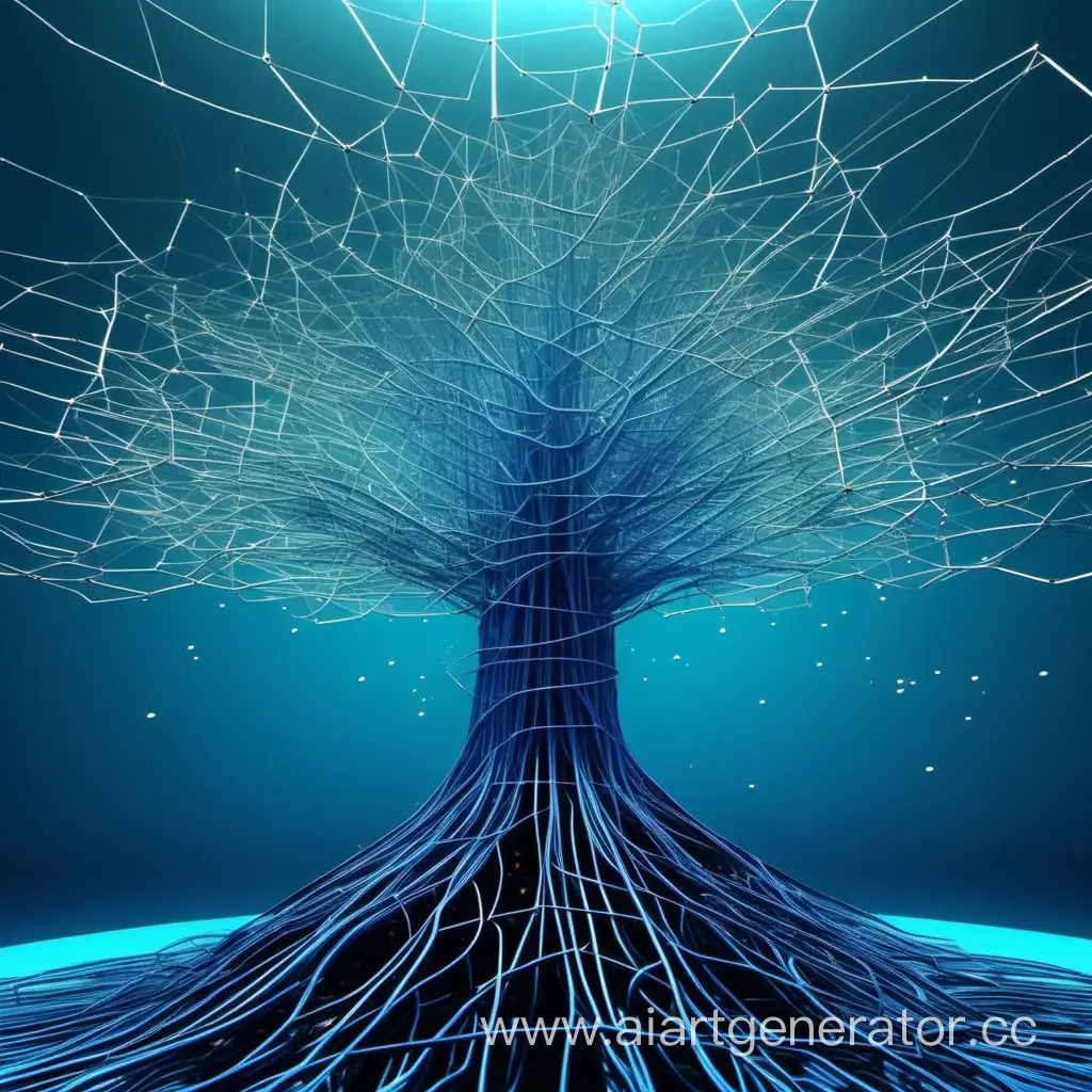 Цифровое дерево из линий  связей расширяется, бфуракция,заполняя собой все пространство, красивое, голубой, аквариус, 4к