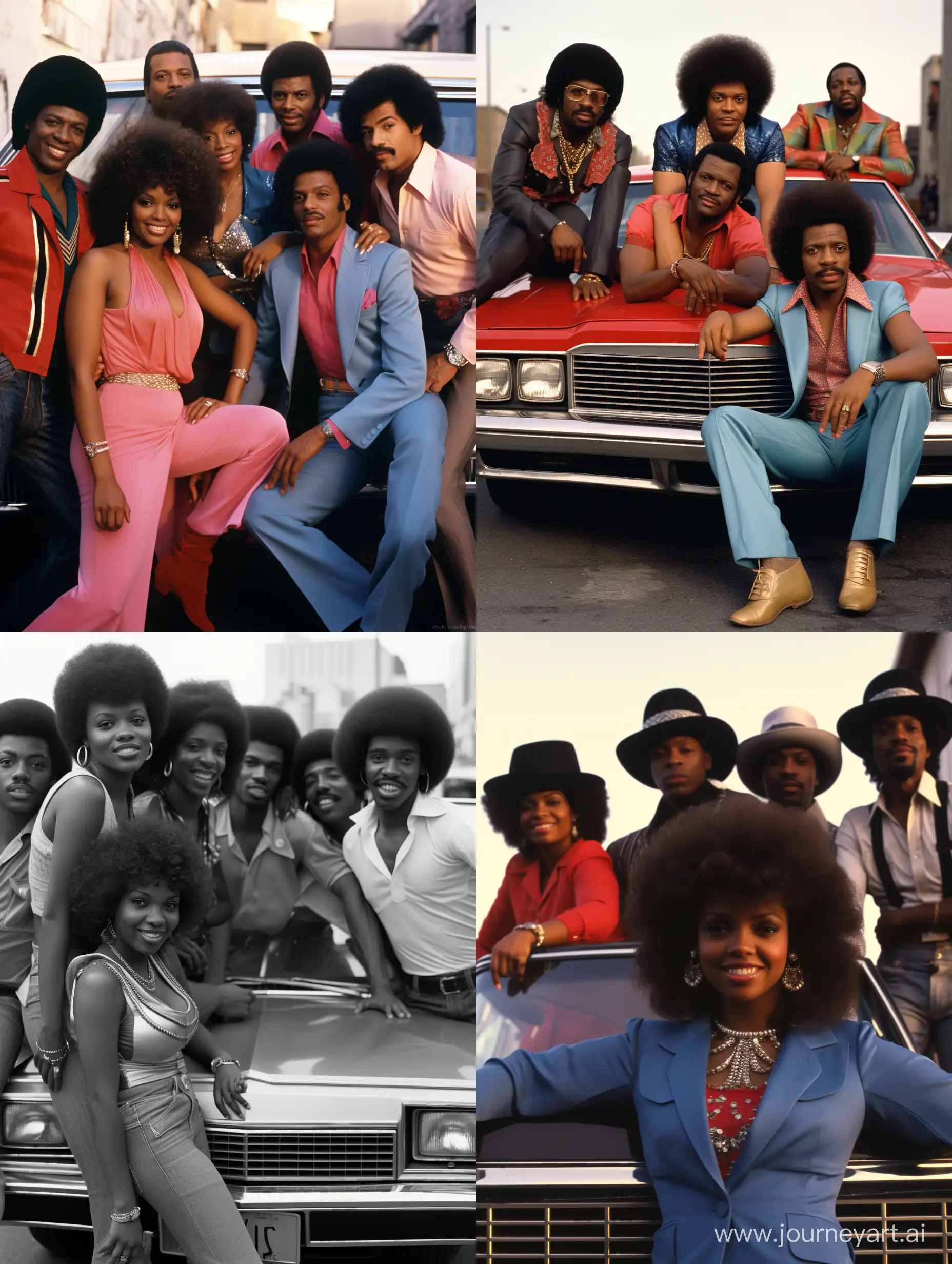 Black people in group photo with curly hair
Jheri curls and perms in 1982 early 80s with classic 1950's cadillac cars