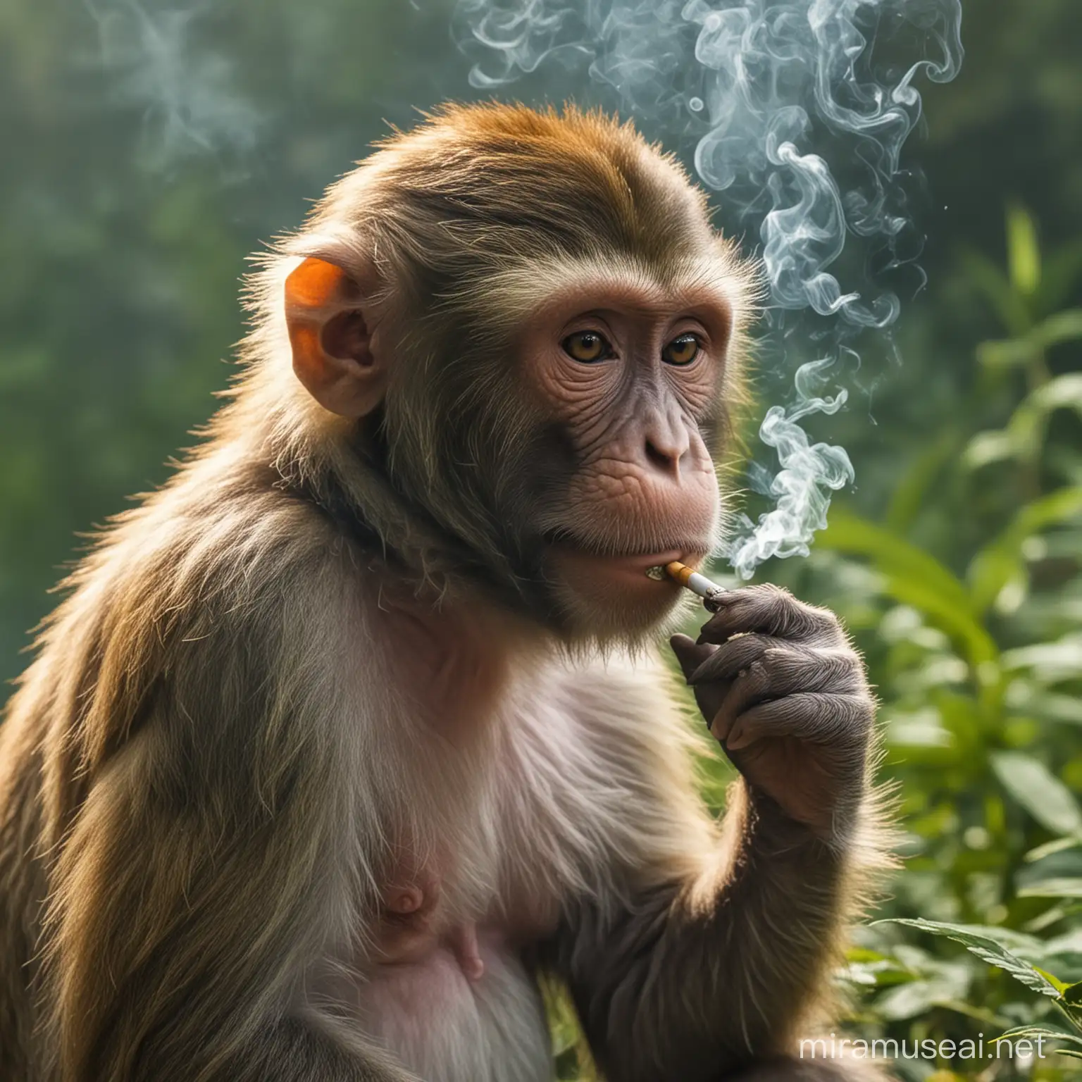 Playful Monkey Enjoying a Relaxing Smoke Break in a Tropical Jungle
