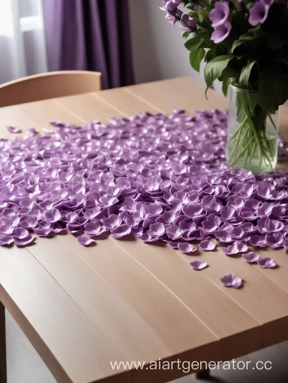 Elegant-Light-Wood-Table-with-Purple-Petals-in-Kitchen-Ambiance