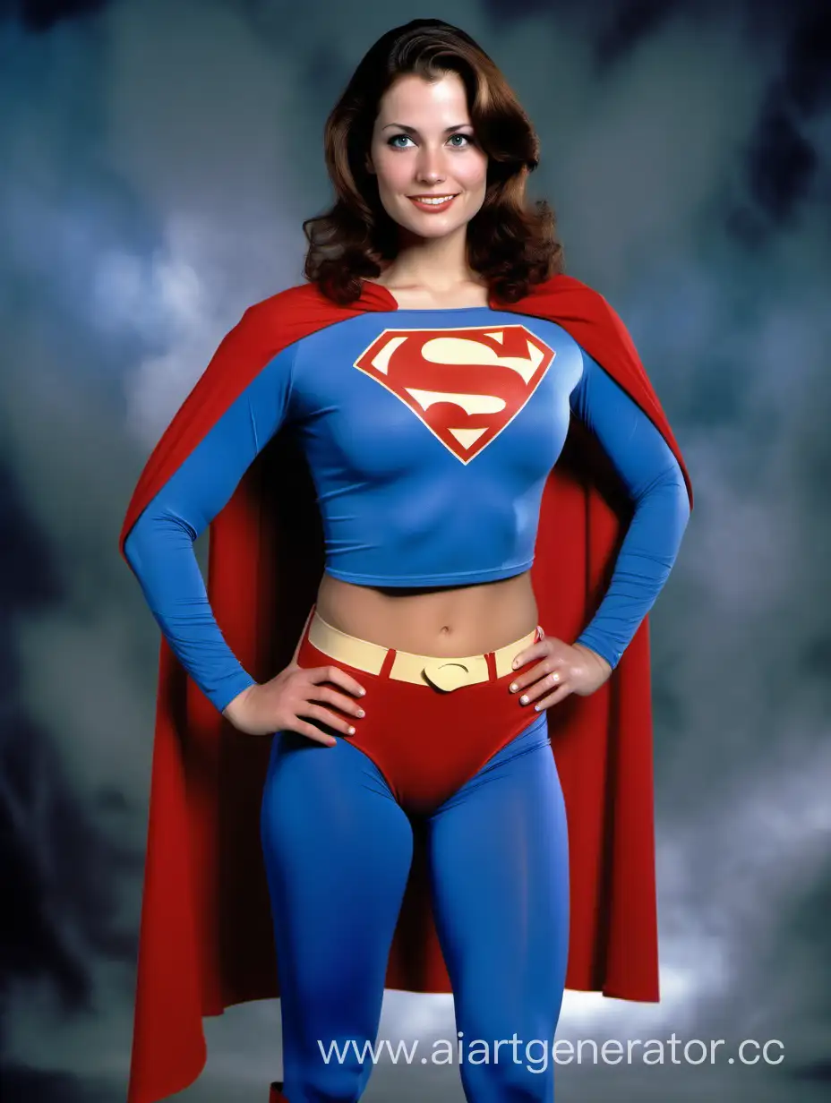 A pretty woman with brown hair. Age 28. She is happy and muscular. She is wearing the classic Superman costume worn in "Superman The Movie", with (blue leggings), (long blue sleeves), red briefs, red boots, and a long cape. Her costume is made of matte spandex. She is posed like a superhero. Strong and powerful.