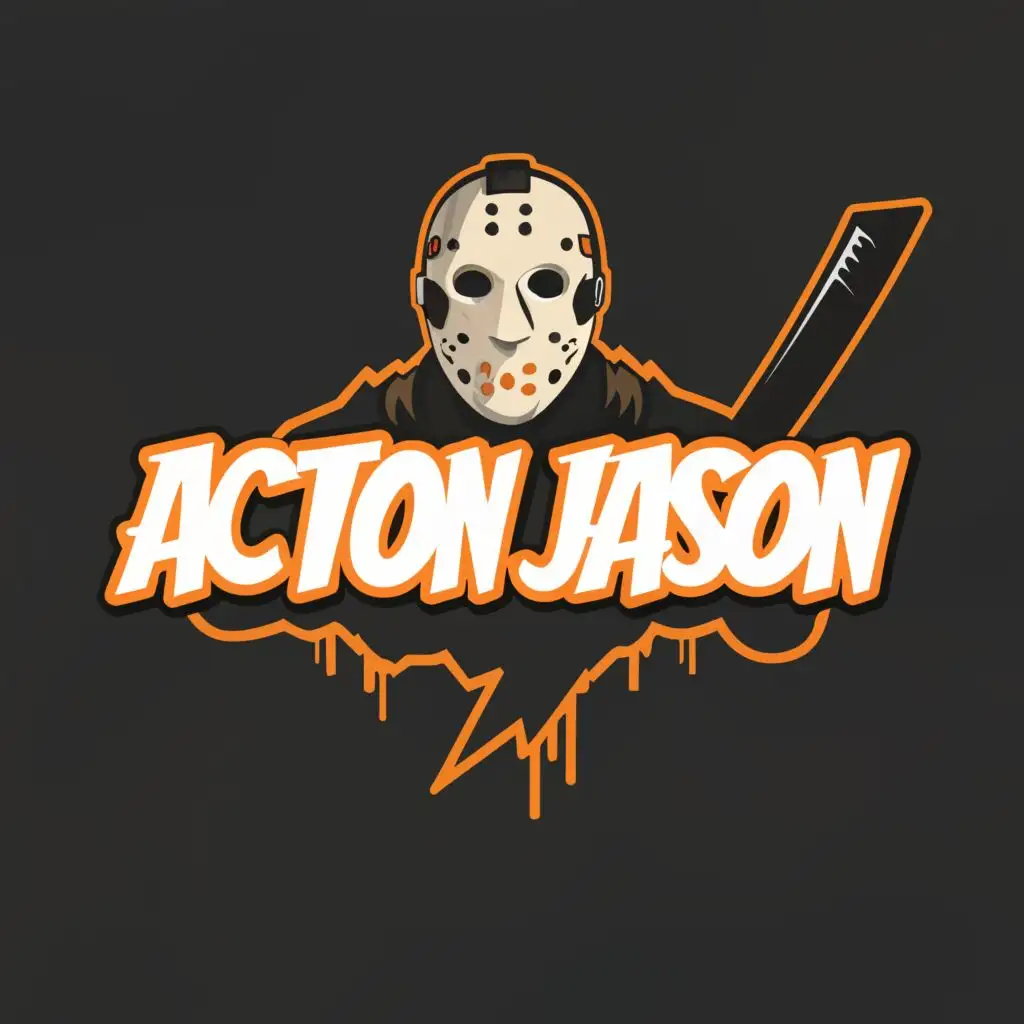 a logo design,with the text "Action Jason", main symbol:cosplayer, jason voorhees, orange hockey mask, Action Jackson, Adventure team,,Minimalistic,be used in Entertainment industry,clear background