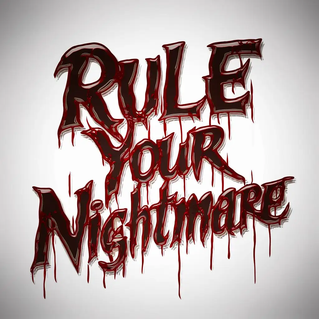 "Rule Your Nightmare" bloody  text which based on beveled  balld and italic horror font with shine stroke style with white background of the image