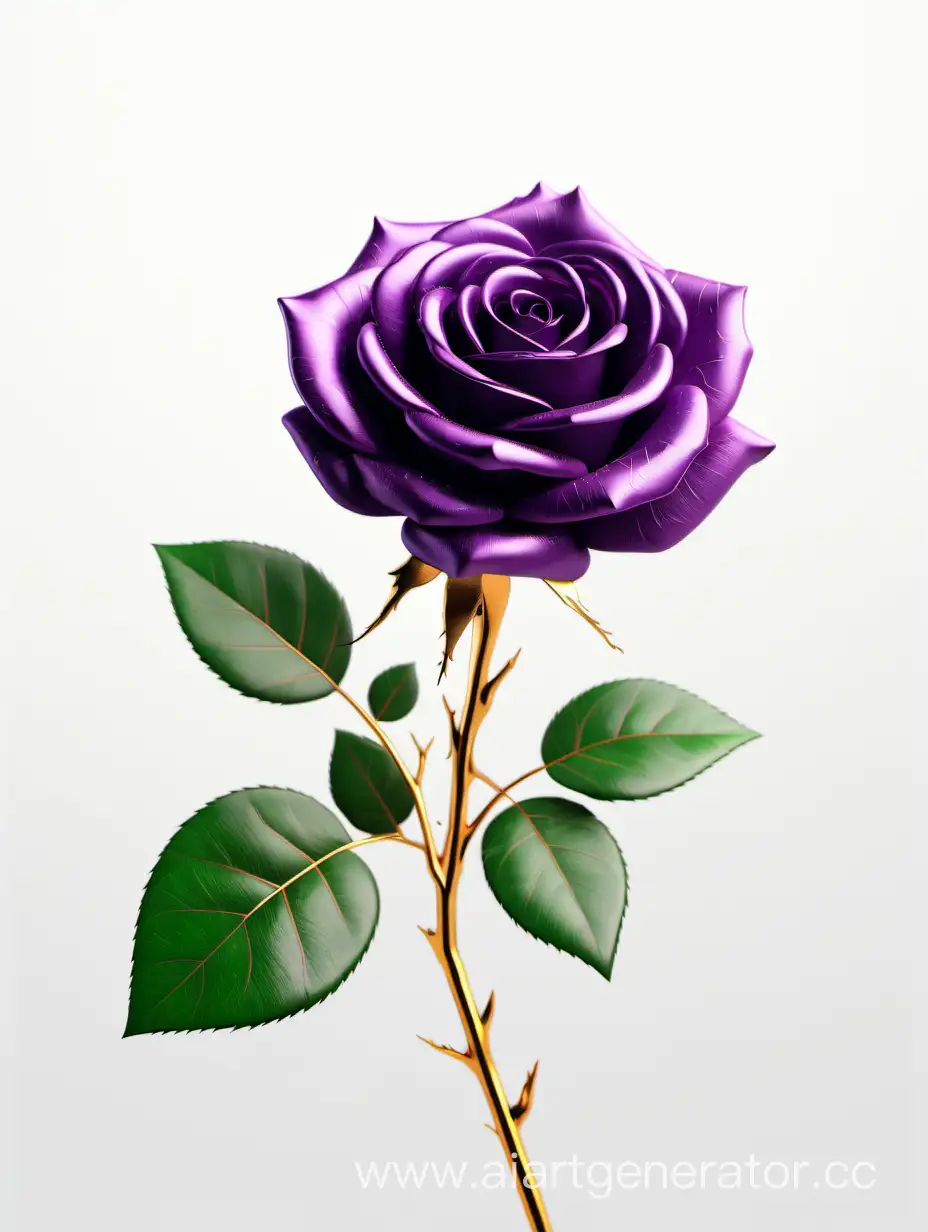 realistic purple and gold rose 8k hd with fresh lush 2 green leaves on white background