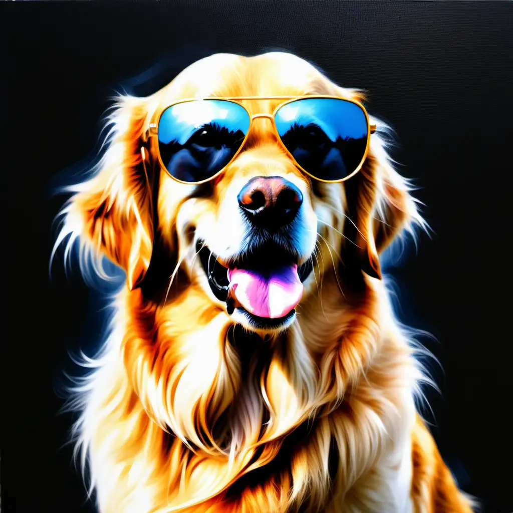 Golden Retriever Dog Wearing Sunglasses in Vibrant Oil Painting