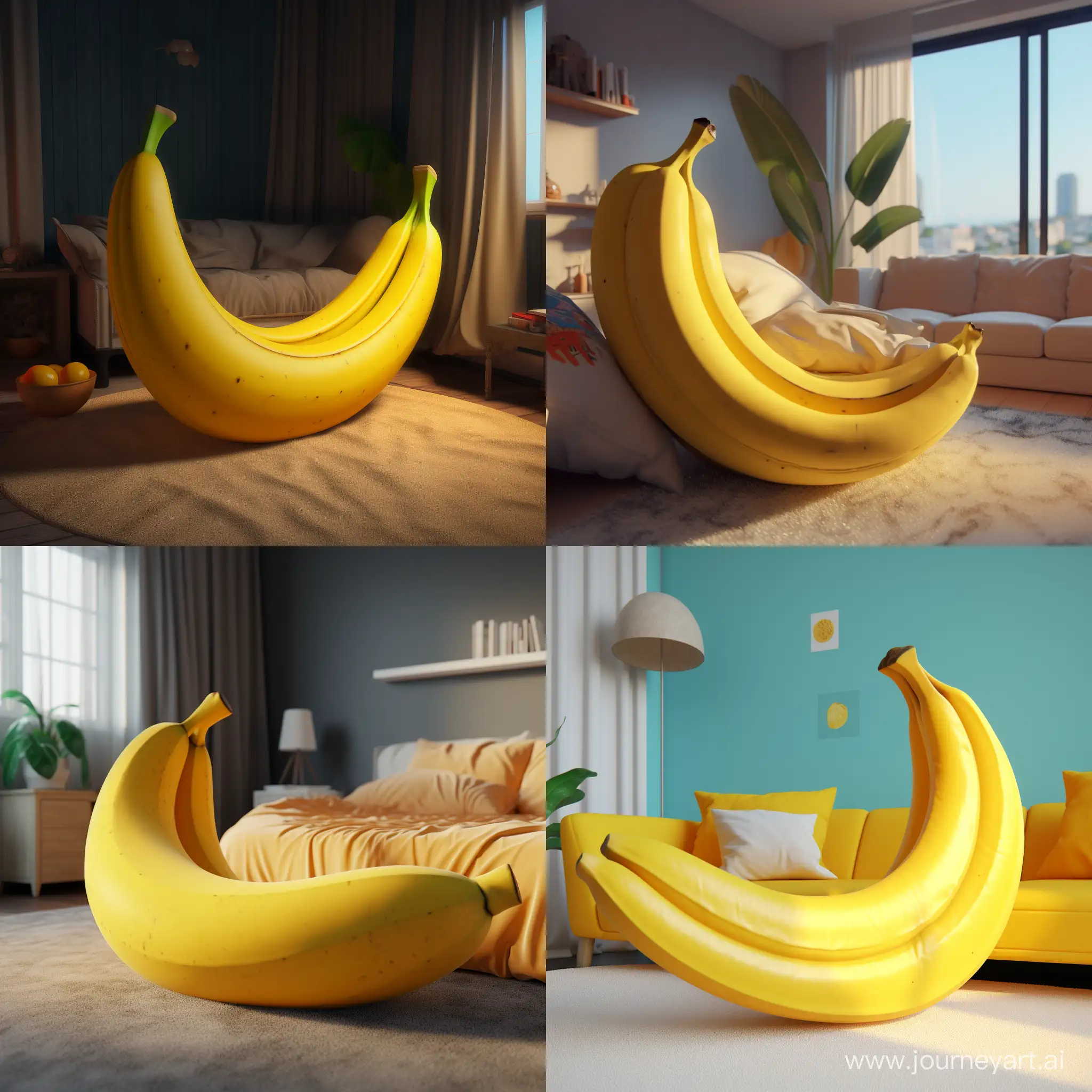 A banana-shaped pillow. 3D animation  --ar 1:1 --no 73637