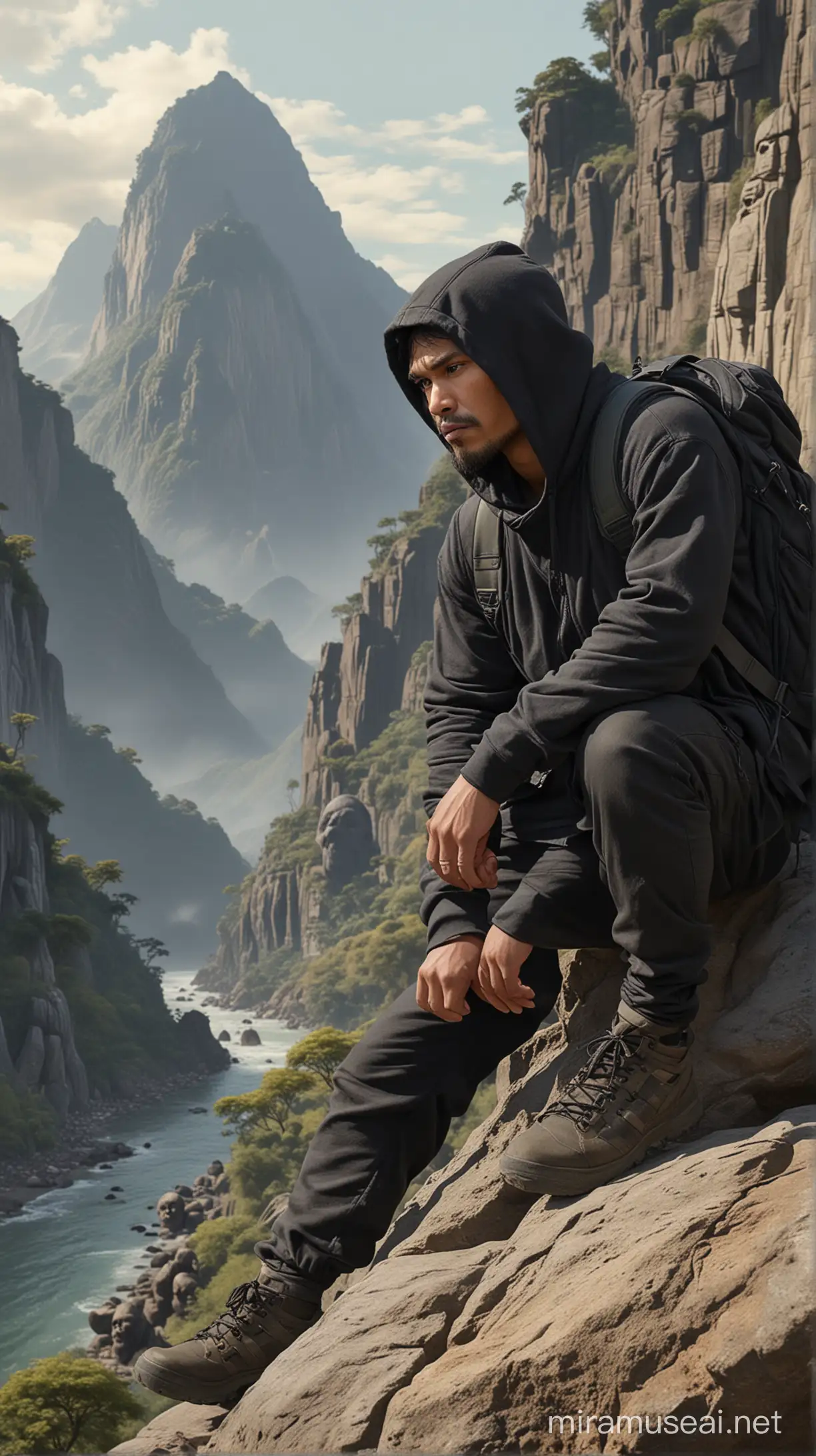 Handsome Indonesian Man Sitting on Rock with Kong the Skull Island in Background