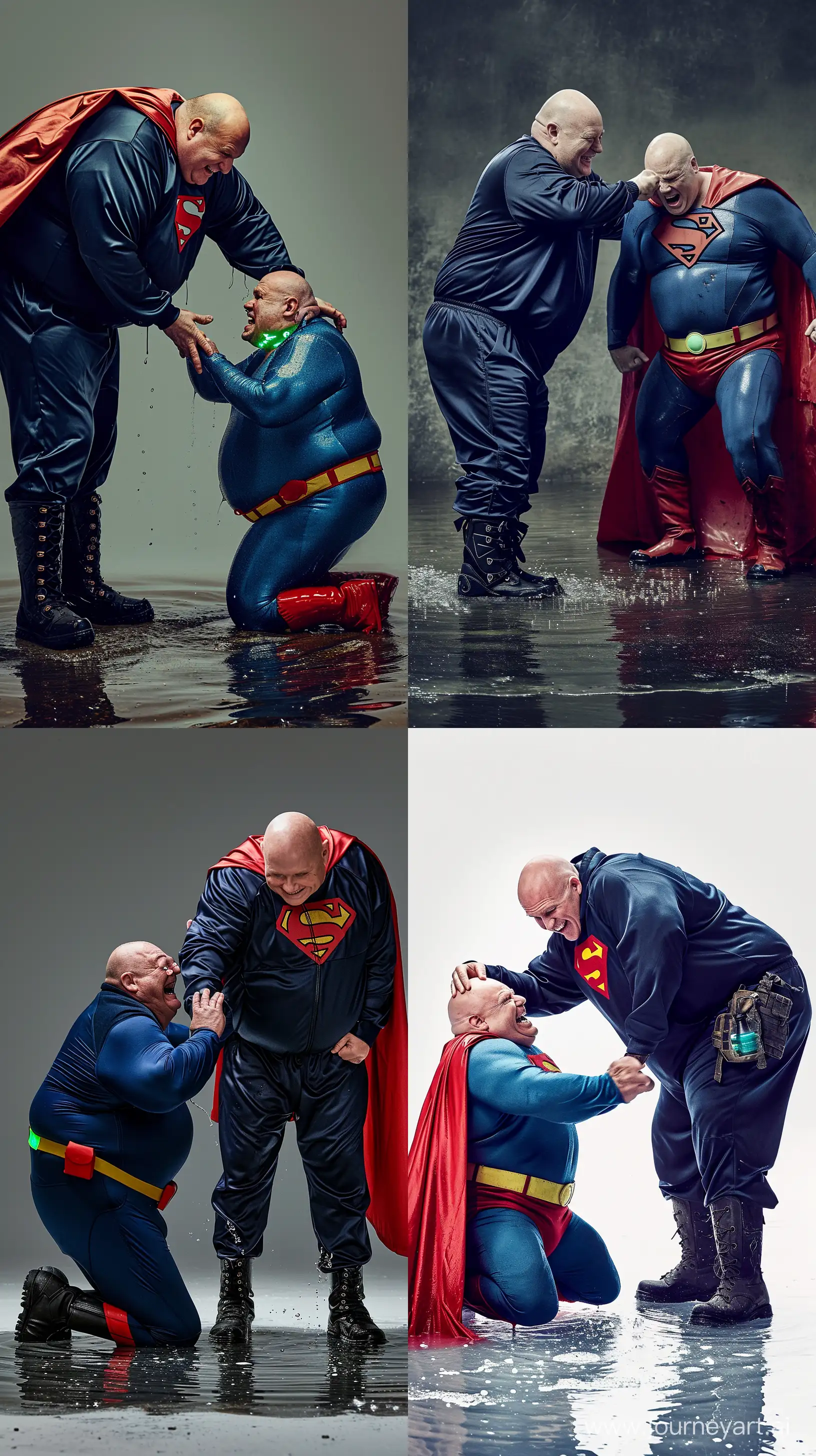 Portrait photo of a smiling tall chubby man aged 70 wearing a silky navy tracksuit and black tactical boots, bending over with one hand touching the head of another angry chubby big man aged 70 kneeling in water who is wearing a silky blue superman costume with a large red cape, red boots, blue shirt, blue pants, yellow belt, red trunks, small glowing green collar around his neck. Outside. Bald. Clean Shaven. --style raw --ar 9:16 --v 6