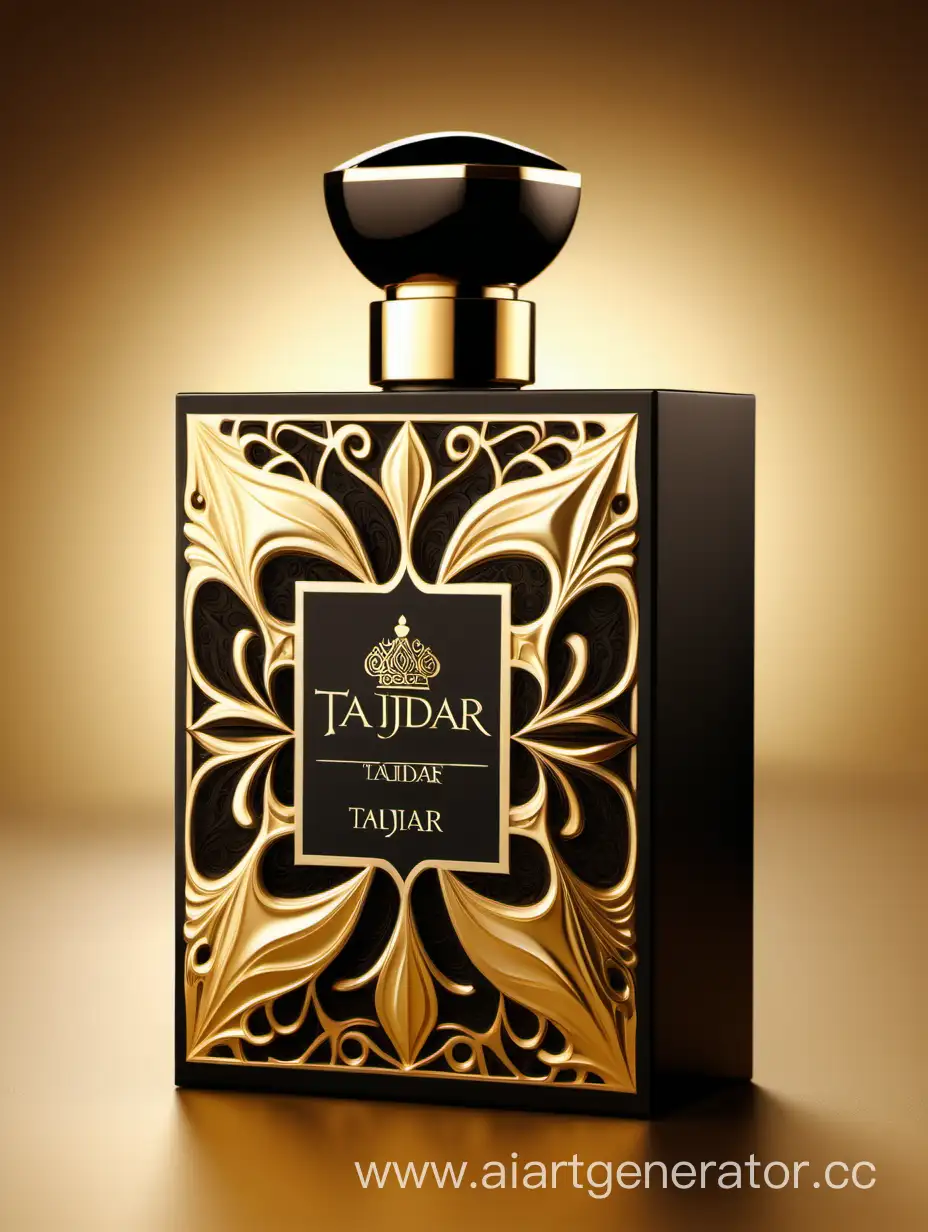 Luxurious-TAJDAR-Perfume-Box-Design-with-Gold-and-Royal-Black-Elegance