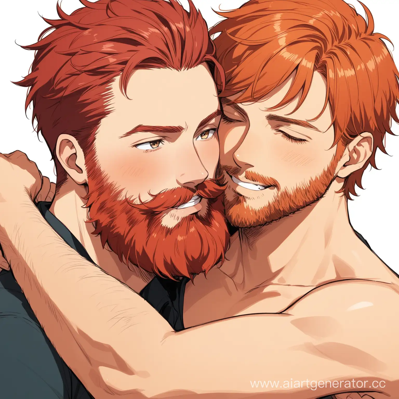 Redbearded-Man-Joyfully-Embracing-Stubblefaced-Friend