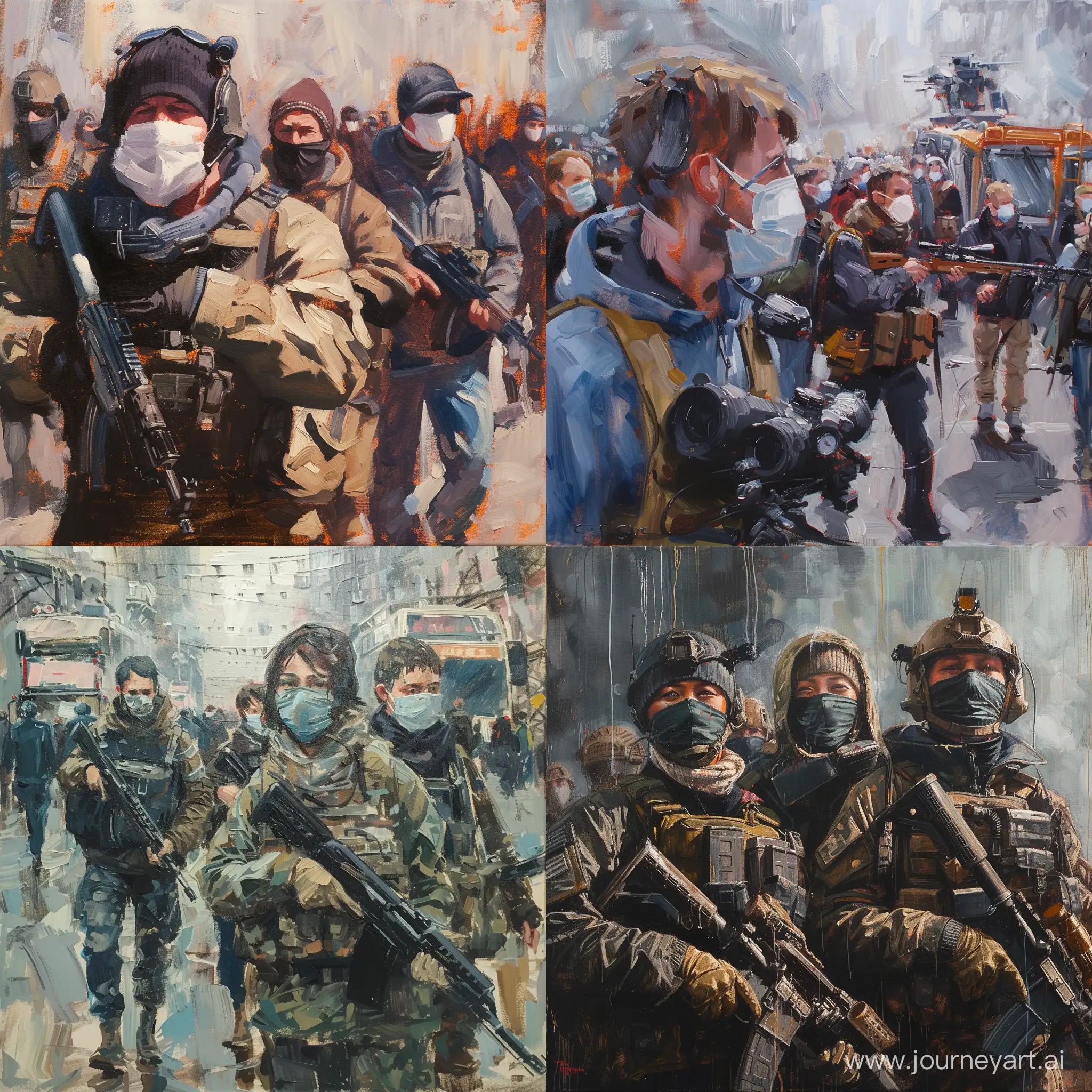 terrorist attack, masks, people, modern weapon, modern military equipment, oil painting
