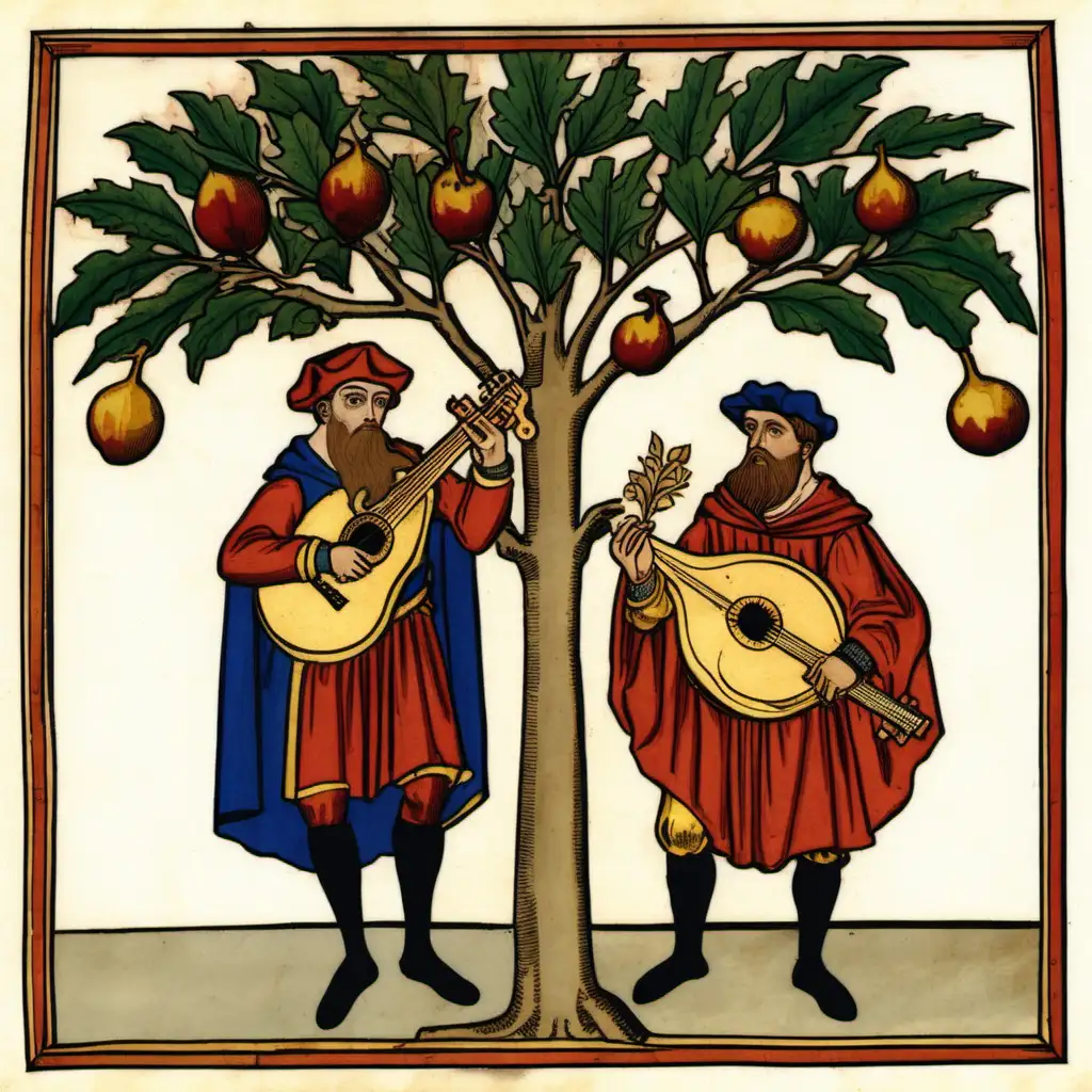 Codex Manesse: Male zwei braunbärtige Musiker in mittelalterlicher Gewandung vor einem Feigenbaum. Der Rahmen sollte auch aus Feigenblättern und Feigenfrüchten bestehen.