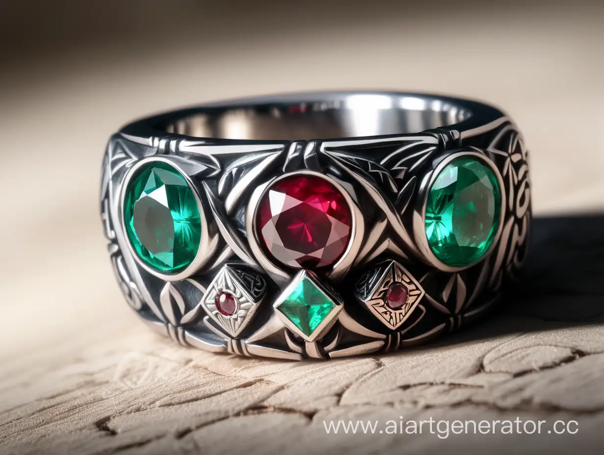 Mens-Emerald-and-Ruby-Fantasy-Ring-with-Protective-Runes-of-King-Solomon