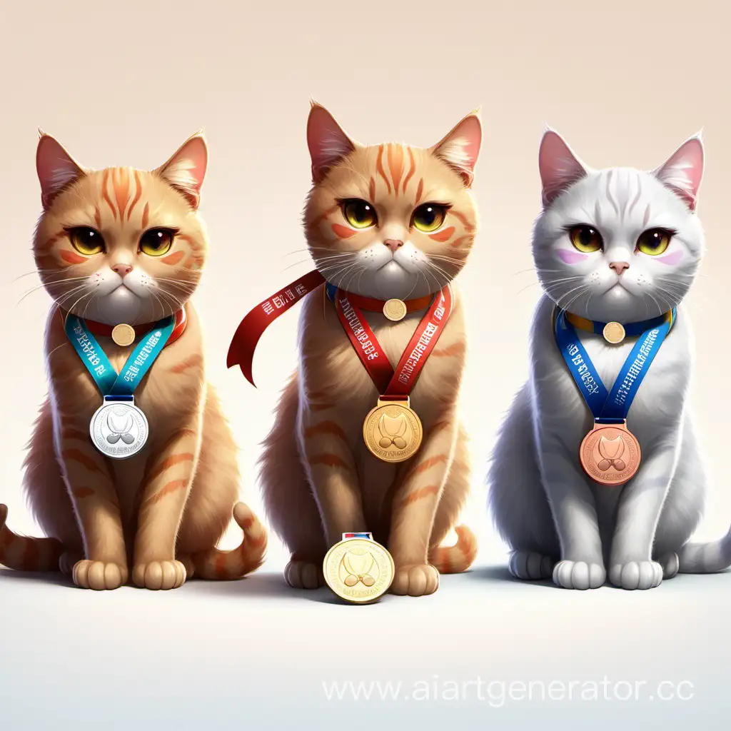 one cute cat with a gold medal, one cute cat with a silver medal, one cat with a bronze medal and three disappointed cats without medals