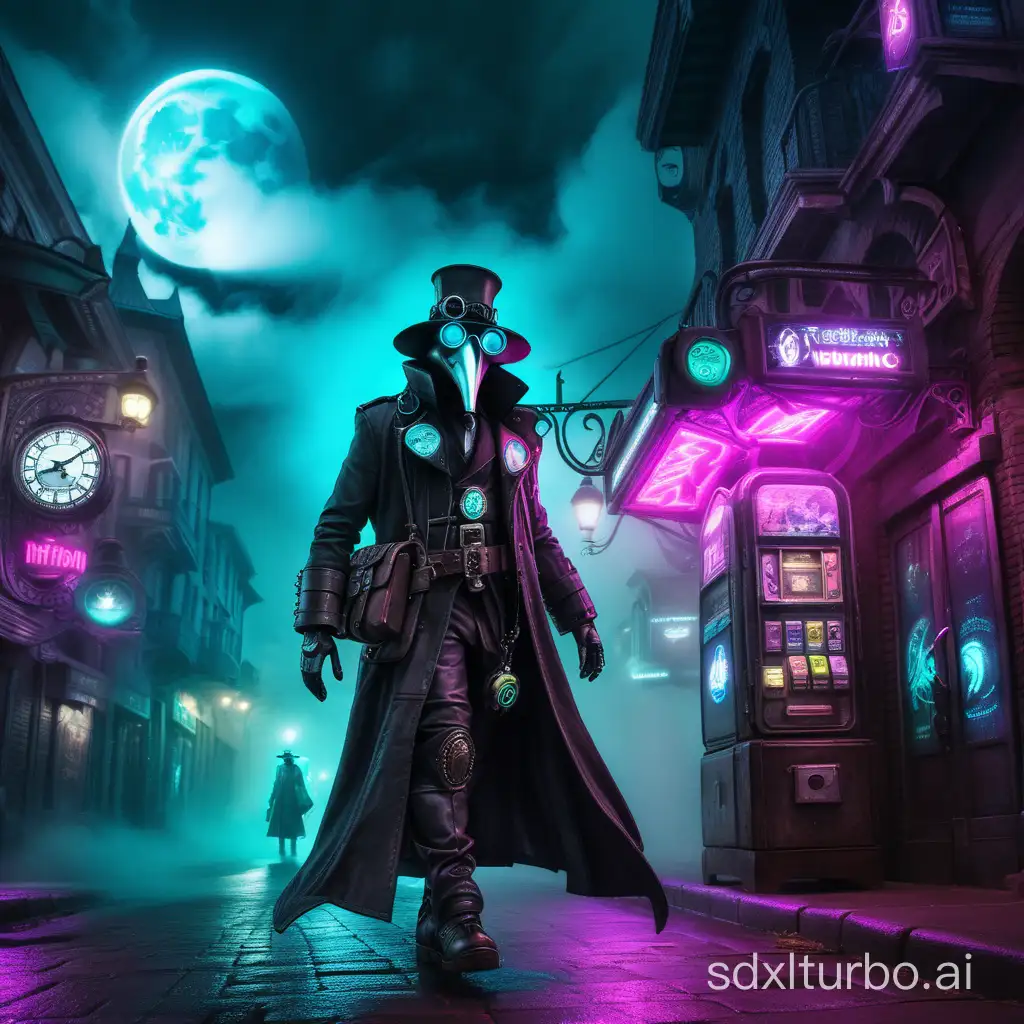 In the middle of a cold and dark night inside an old steampunk style city, a futuristic cyberpunk plague doctor in black carbon tones walks along the center of the path next to a flashlight, lots of fog and clouds covering the city with the moon, low lighting, blurred, neon signs in the city and vending machines with neon cyan and magenta lights.