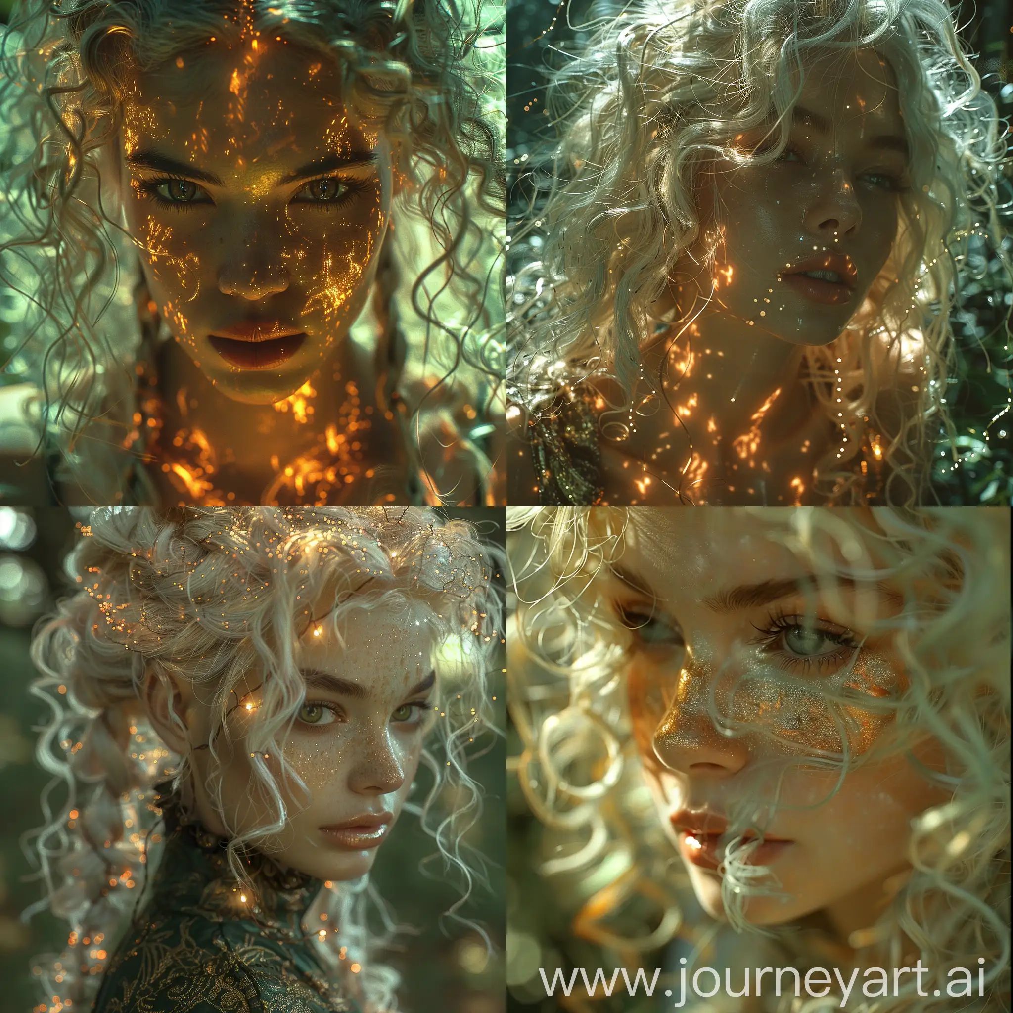 photo of a woman, fiery white hair,. 5 lens, earthy green and brown optical, soft-focused realism, intricate detail, forest daylight. Realistic, best quality, ultra-high color quality, Curly Hair, Pigtails:: --stylize 750 --v 6.0