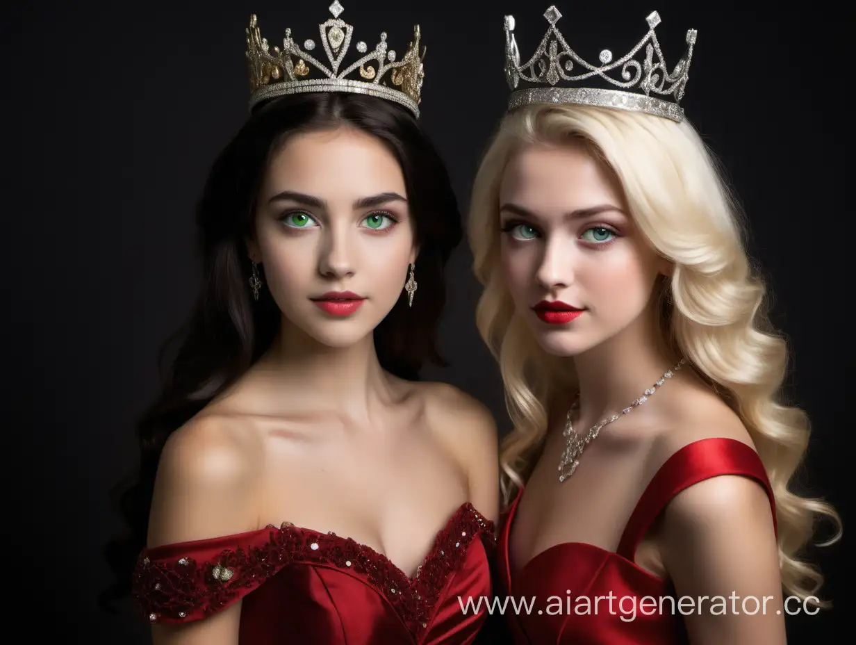 a princess in her twentees with gark hair, hazel eyes wearing a beautiful very luxerious red dress and a blond very beautiful girl with dark green eyes wearing a crown with diamonds