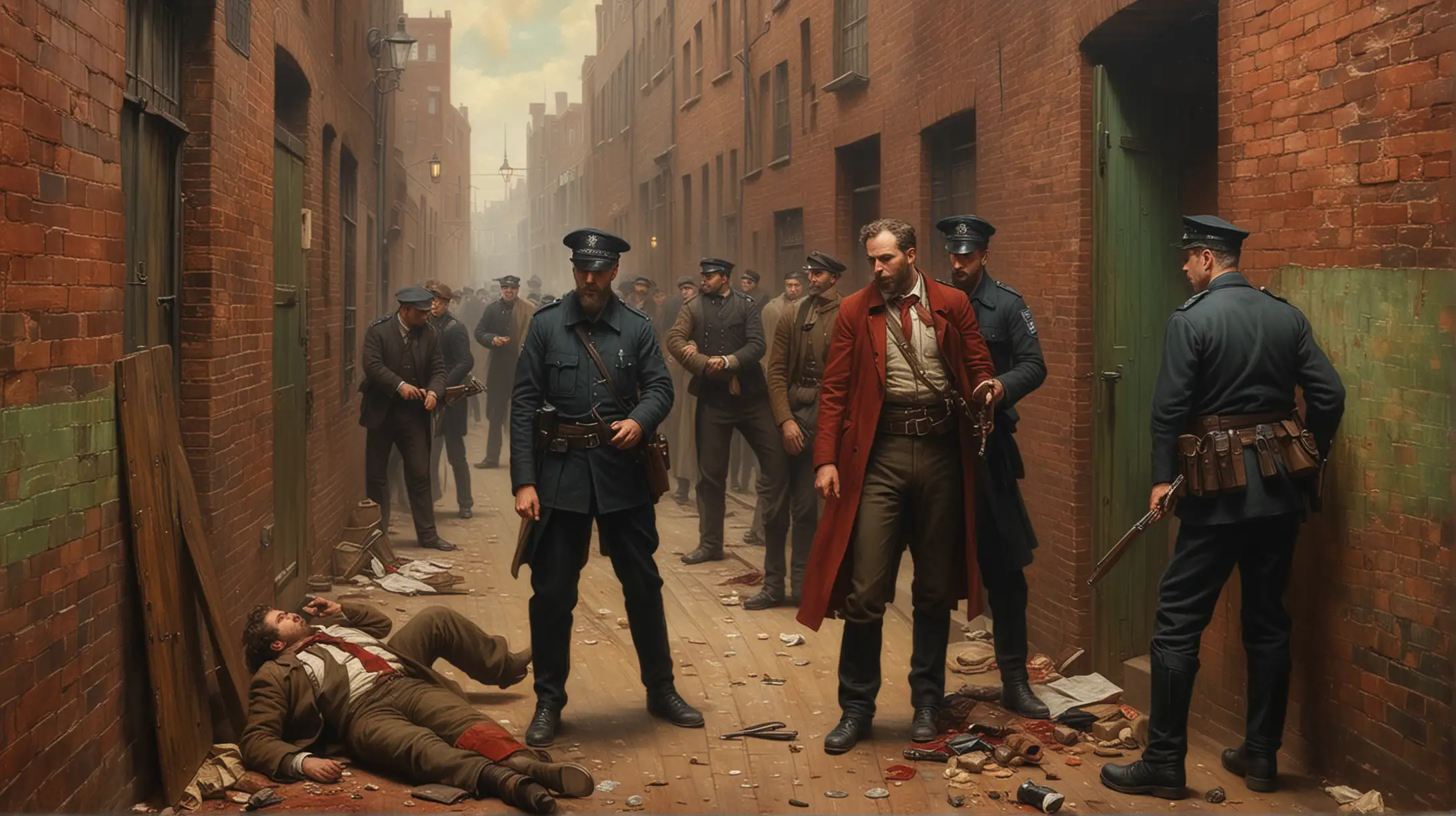 Victorian painting of police finding a murder victim in an alley, Whitechapel 1880s, social realism in the style of George Frederick Watts, red-green pallet and expressionistic, gritty and unsanitized realism