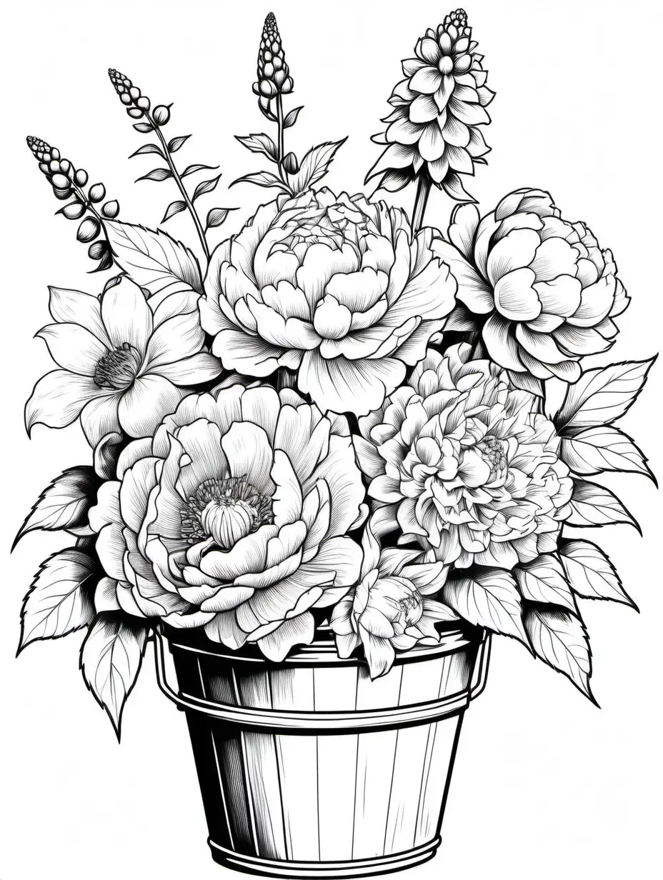 coloring page for kids, black lines white background, peonies, foxglove, delphinium, dahlias, hollyhocks, in a bucket
